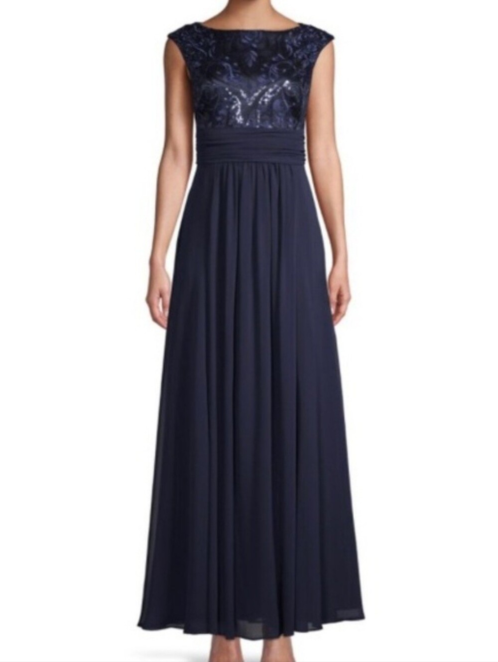 Eliza J Navy Sequin Bodice Maxi Dress Sleeveless Formal Chiffon Skirt